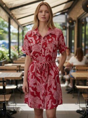 NWT Lea Linen Blend Floral Shirt Dress Mini Red Pink L Boho Summer